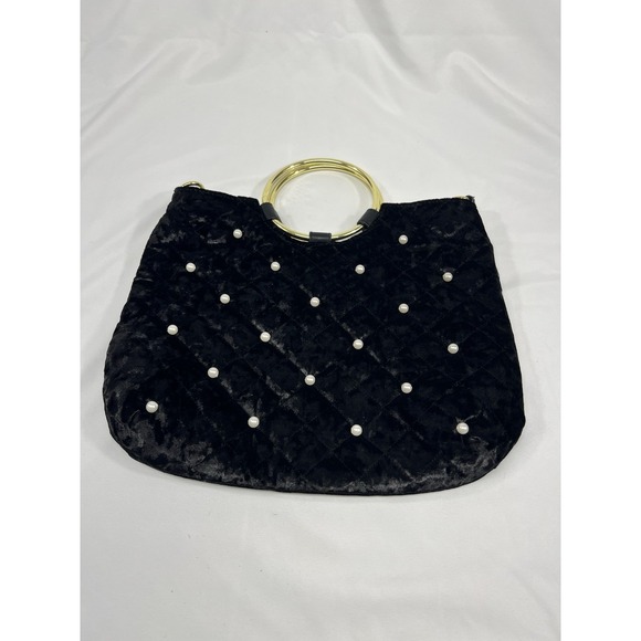 The Unbranded Brand Handbags - Black‎ Velvet Quilted Handbag Purse With Faux Pearls With Gold Spring Handles